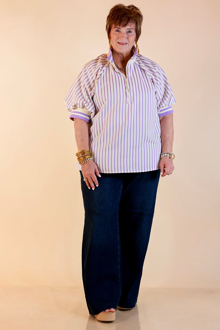 Bold Instincts Striped Print Half Zip Top with Puff Sleeves in Lavender Purple and Ivory