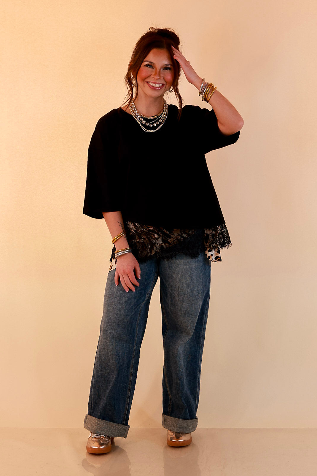 Laced with Charm Oversized Asymmetrical Lace Trim Boxy Top in Black