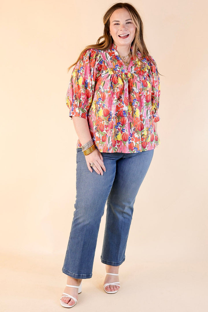 Blissful Bloom Floral Print Top with Puff Sleeves in Pink Mix