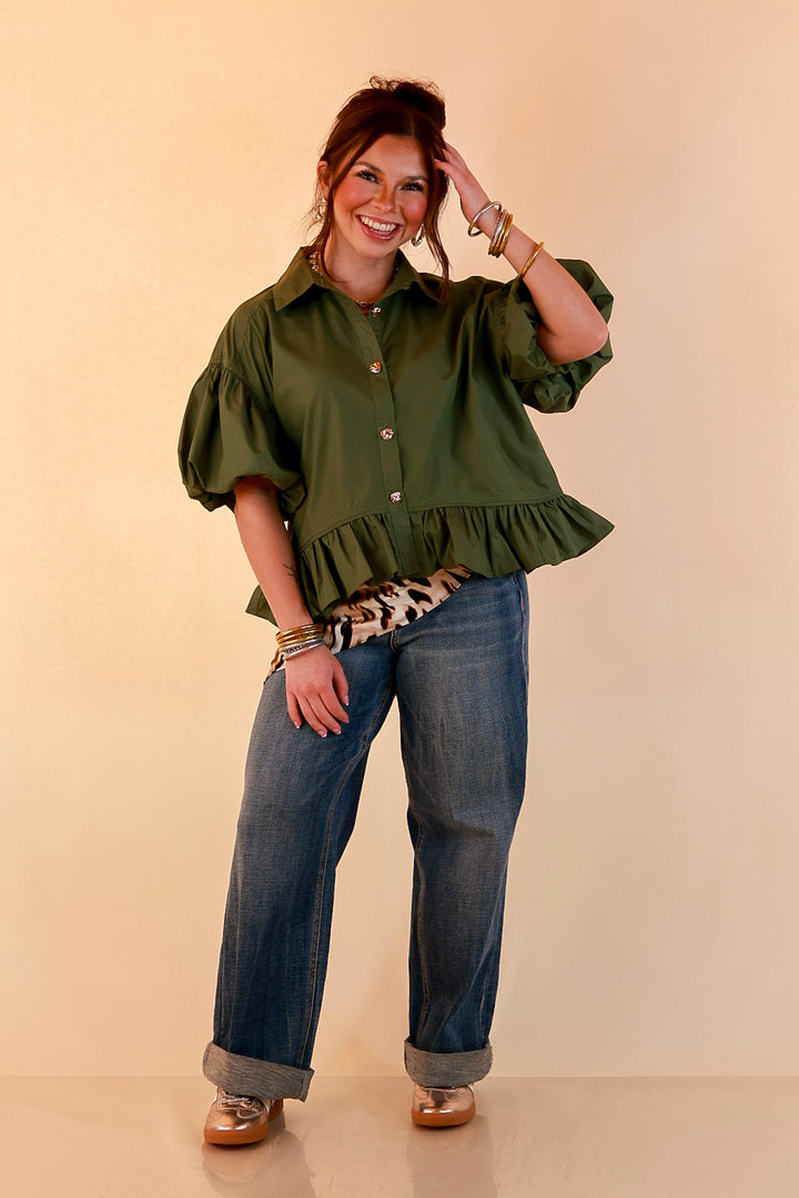 Style in Session Solid Button Down Peplum Bubble Sleeve Top in Olive Green