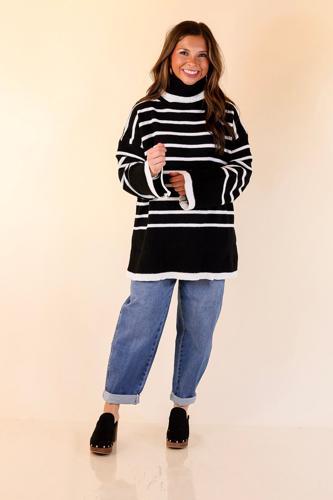 Mud Pie | Dunn Turtleneck Sweater with White Stripes in Black