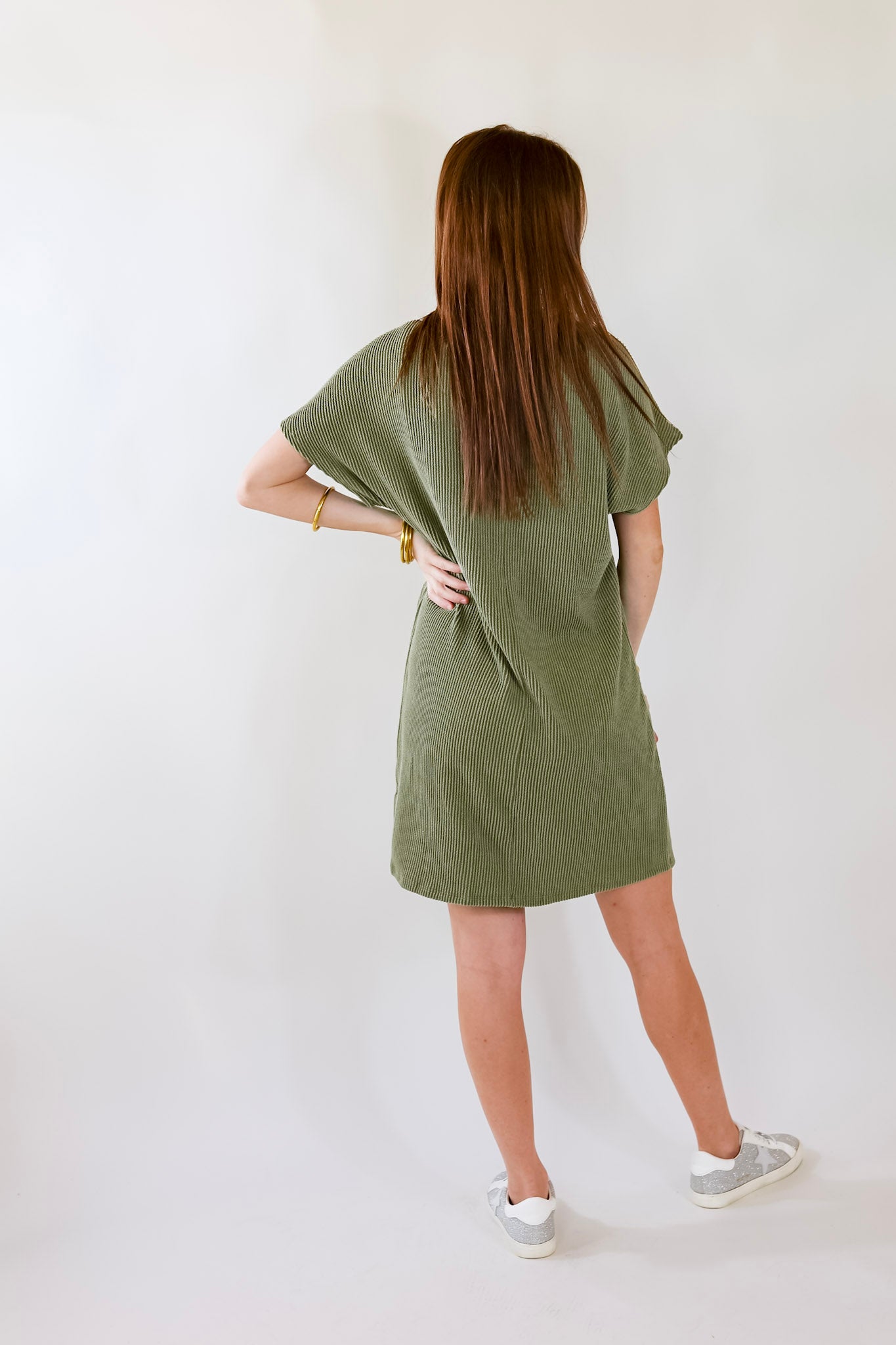 Coffee and Carefree Ribbed Short Sleeve Dress with Front Pocket in Olive Green - Giddy Up Glamour Boutique