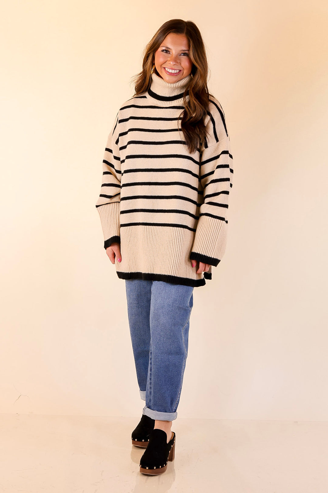 Mud Pie | Dunn Turtleneck Sweater with Black Stripes in Tan