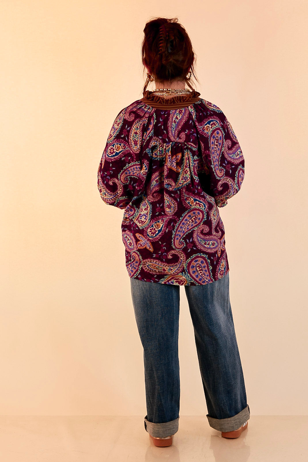 Caught My Eye Ruffle Contrast Stripe Detail Neck Balloon Sleeve Paisley Print Blouse in Plum Purple Mix