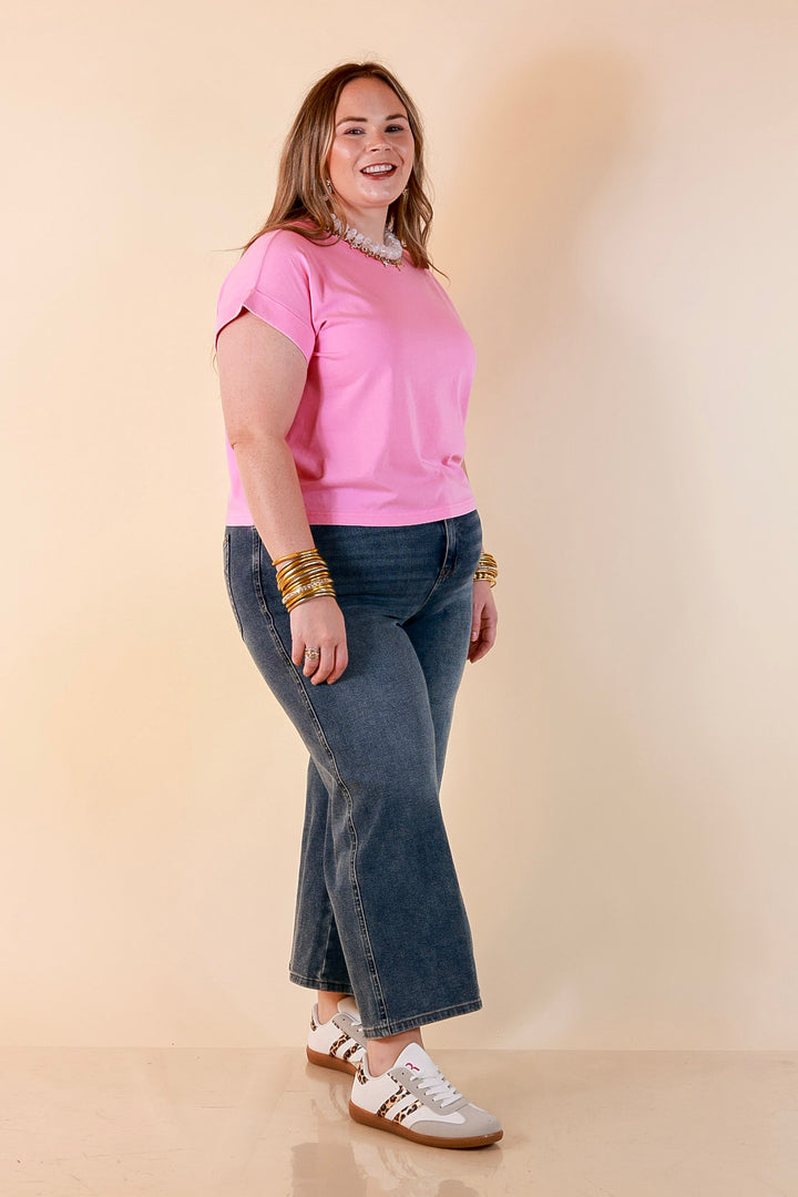 Easy Chic Mineral Washed Short Sleeve Cropped Tee in Candy Pink