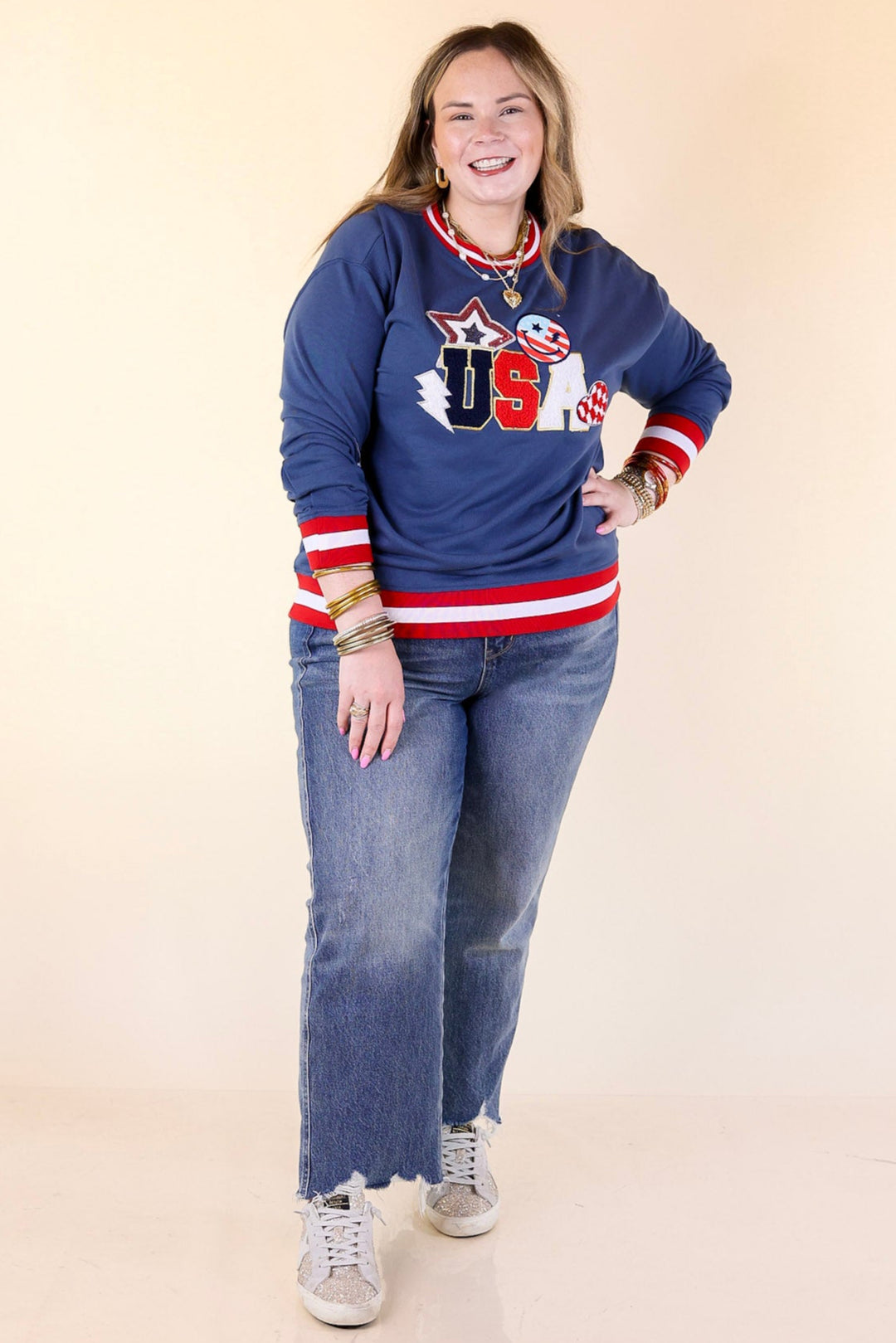 Simply Southern | Shining in the USA Crew Neck Patch Graphic Sweatshirt in Navy Blue