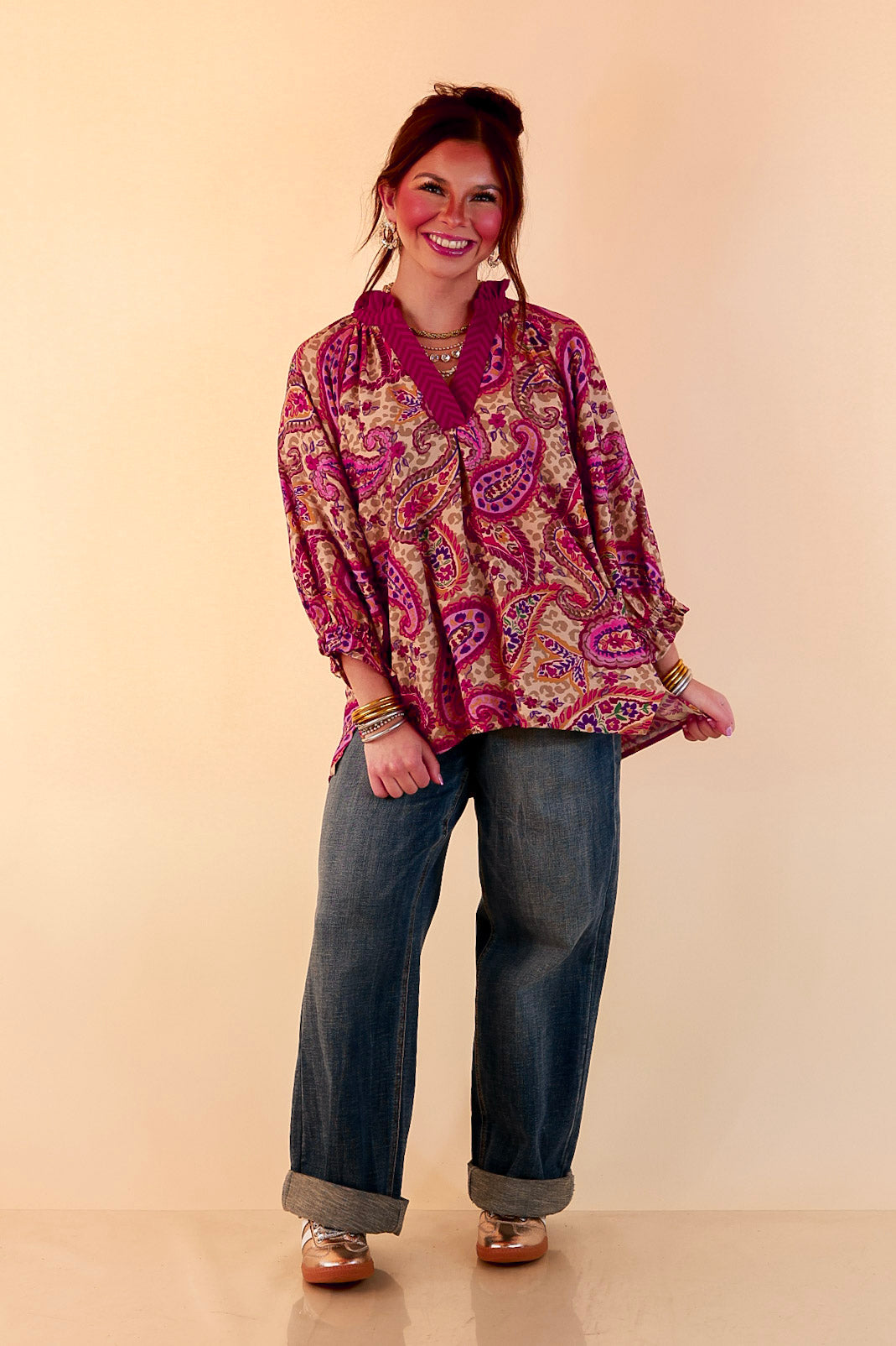 Caught My Eye Ruffle Contrast Stripe Detail Neck Balloon Sleeve Paisley Print Blouse in Fuchsia Pink Multi
