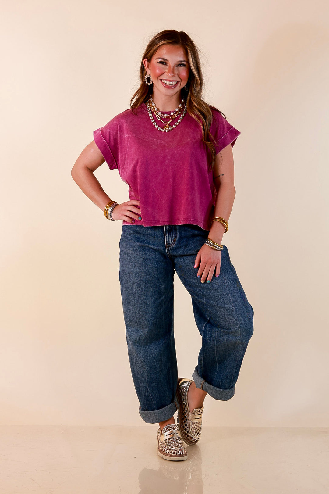 Easy Chic Mineral Washed Short Sleeve Cropped Tee in Plum Purple