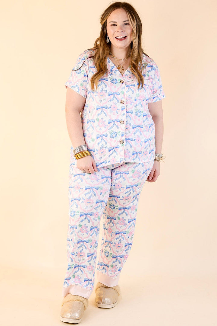 Simply Southern | Snooze in Style Ribbon Print Button Up Pajama Top in Off White