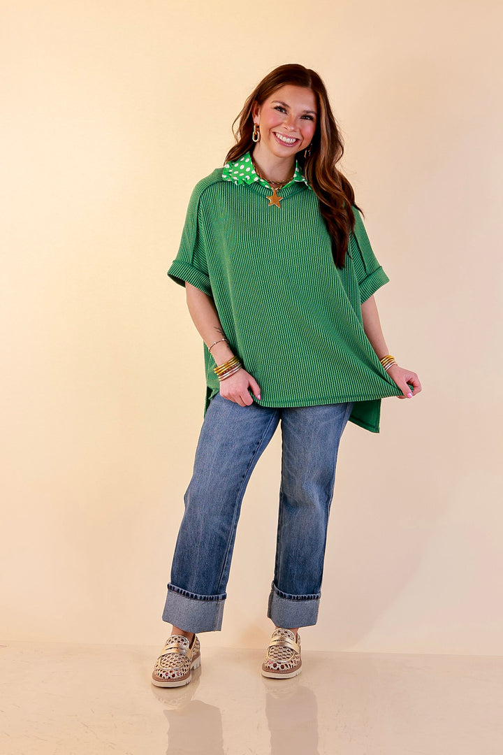 Daily Perfection Scoop Neck Short Sleeve Ribbed Top in Green