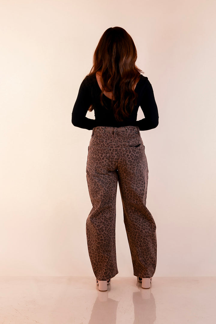 Risen | Easy Statement Leopard Print Drawstring Denim Barrel Jeans in Brown