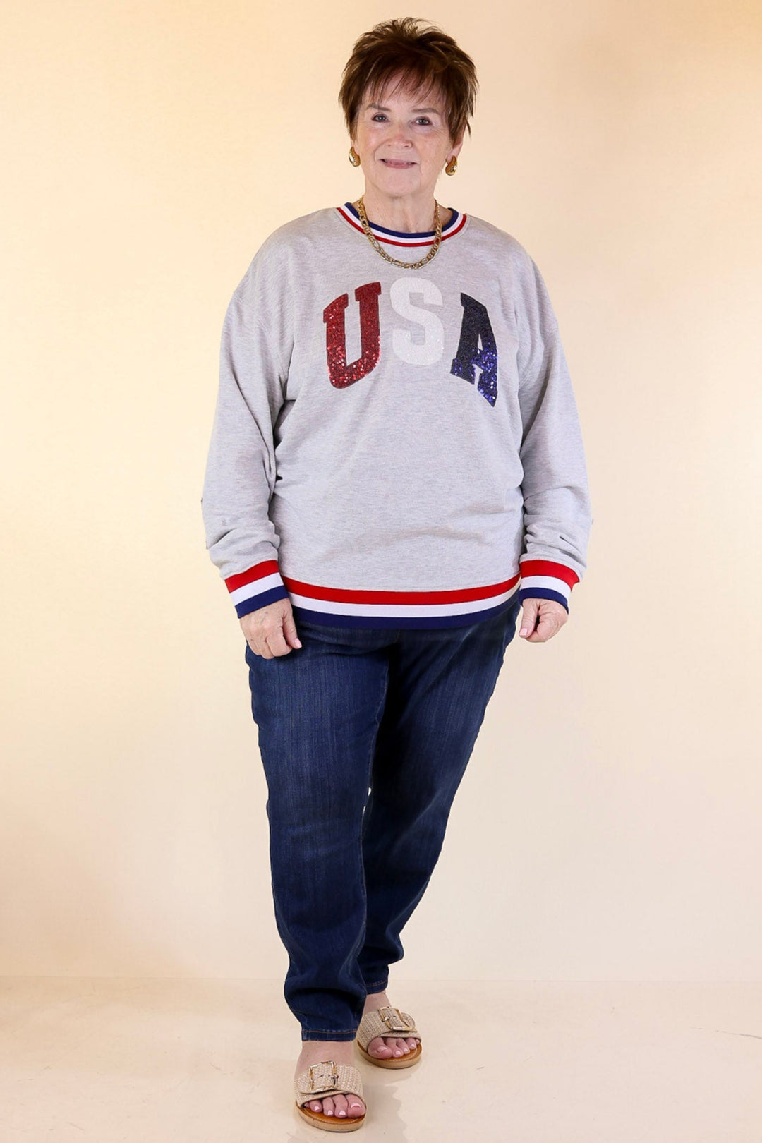Simply Southern | All-American Sparkle USA Crew Neck Graphic Sweatshirt in Gray