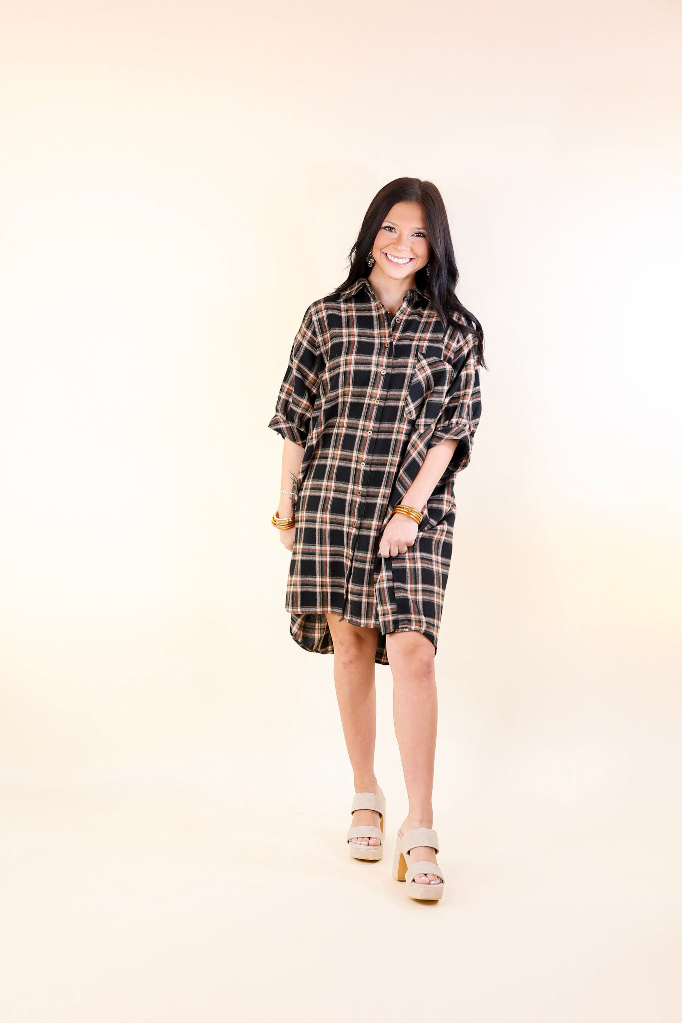 Cozy And Kind Button Up Plaid Dress in Black