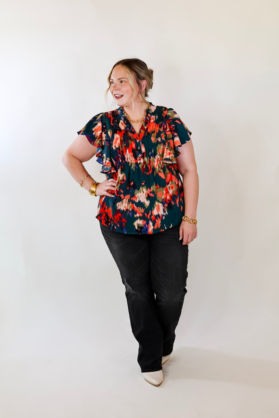 Endless Charisma Short Sleeve Blouse in Dark Teal Green - Giddy Up Glamour Boutique