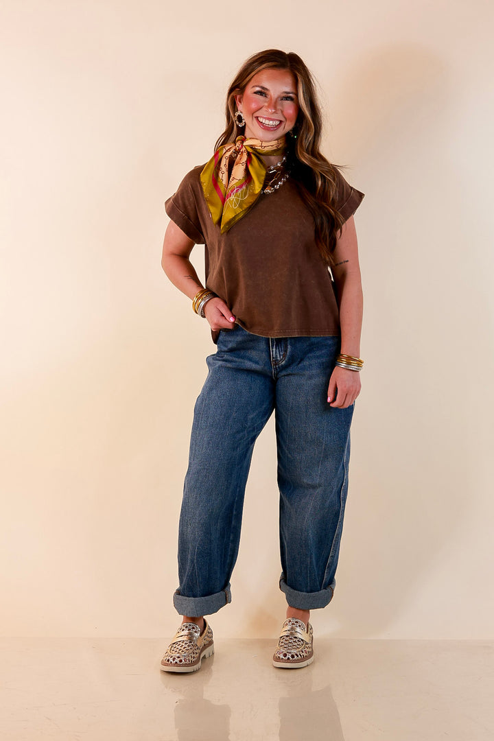 Easy Chic Mineral Washed Short Sleeve Cropped Tee in Chocolate Brown