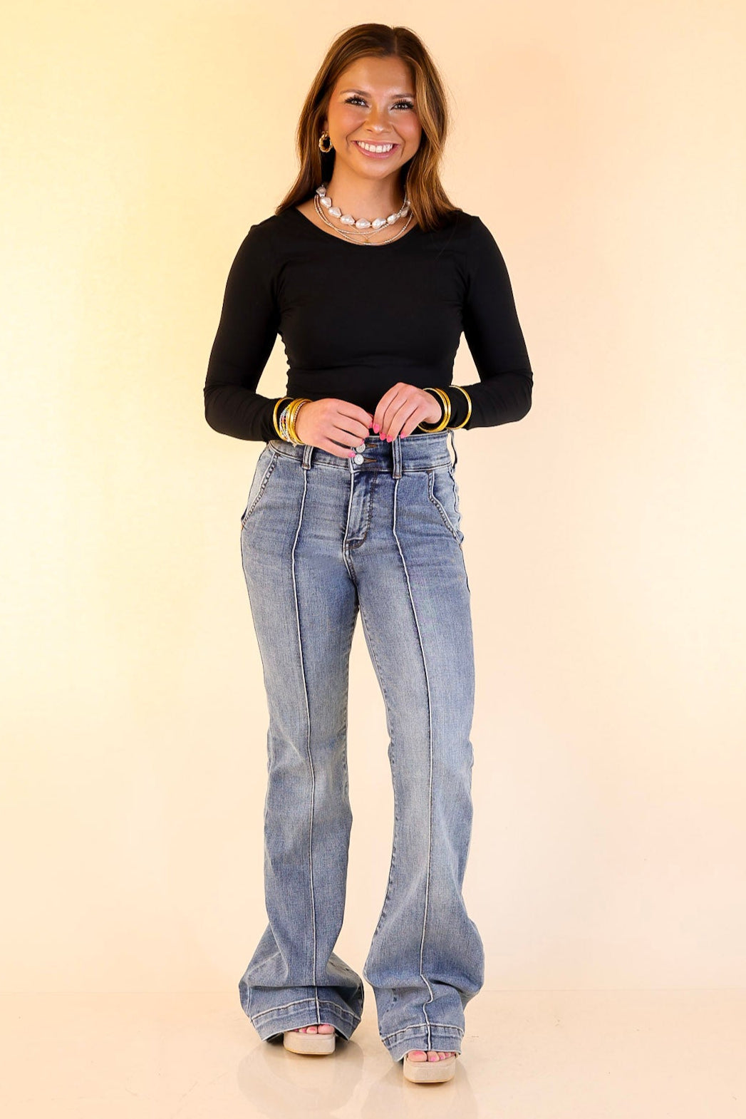 Judy Blue | Double Take Denim Trouser Flare Jeans with Seam Detailing in Medium Wash