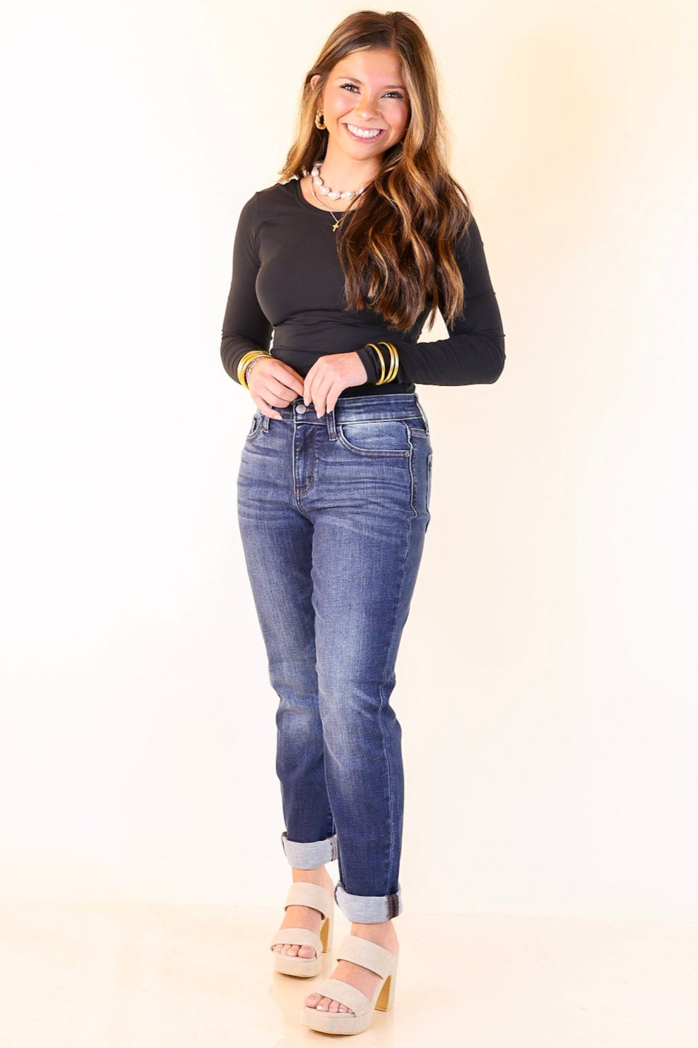 Judy Blue | On a Roll Cuffed Slim Fit Boyfriend Jeans in Dark Wash