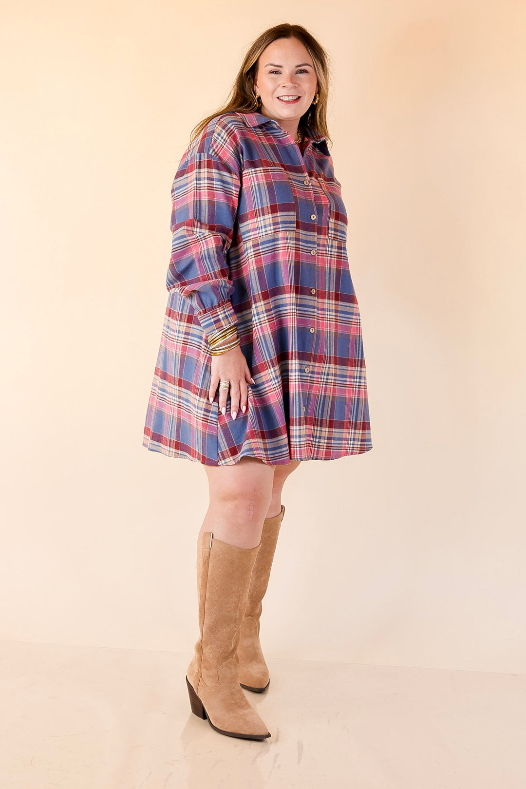 Vibrant Lifestyle Plaid Button Up Dress in Dusty Blue and Pink