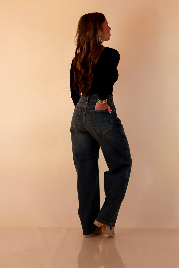 Judy Blue | Never Miss Marlow Arc Relaxed Wide Leg Barrel Jeans with Hollywood Waistband and Double Buttons in Vintage Dark Wash