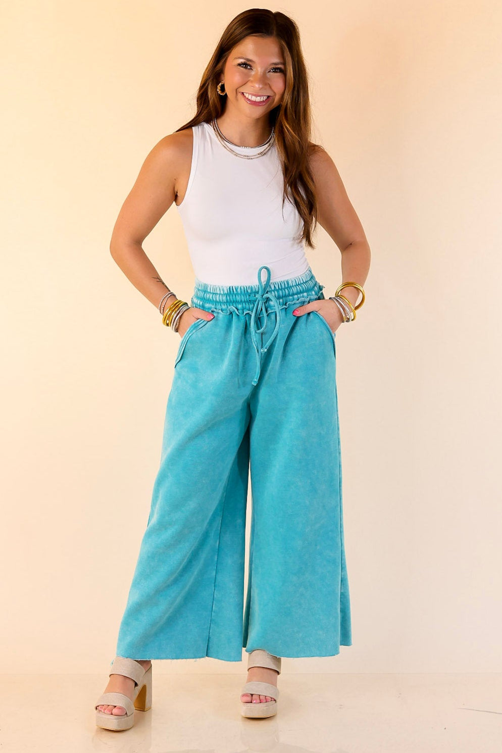 Cozy Girl Cropped Acid Washed Drawstring Pant in Turquoise Blue