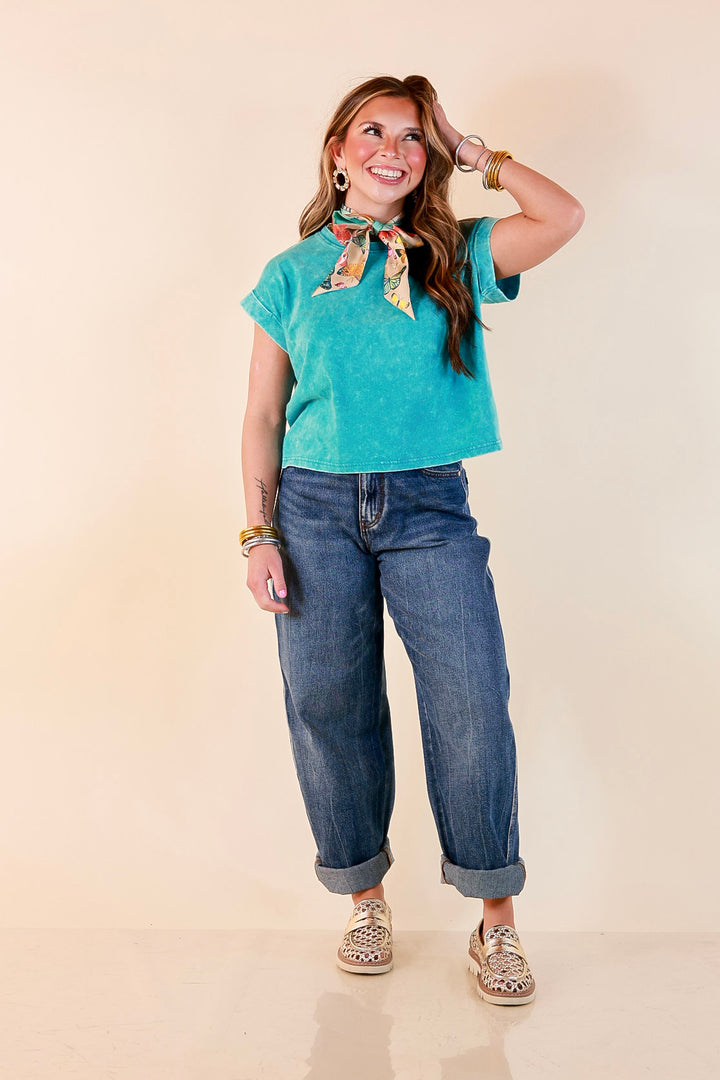 Easy Chic Mineral Washed Short Sleeve Cropped Tee in Teal Blue
