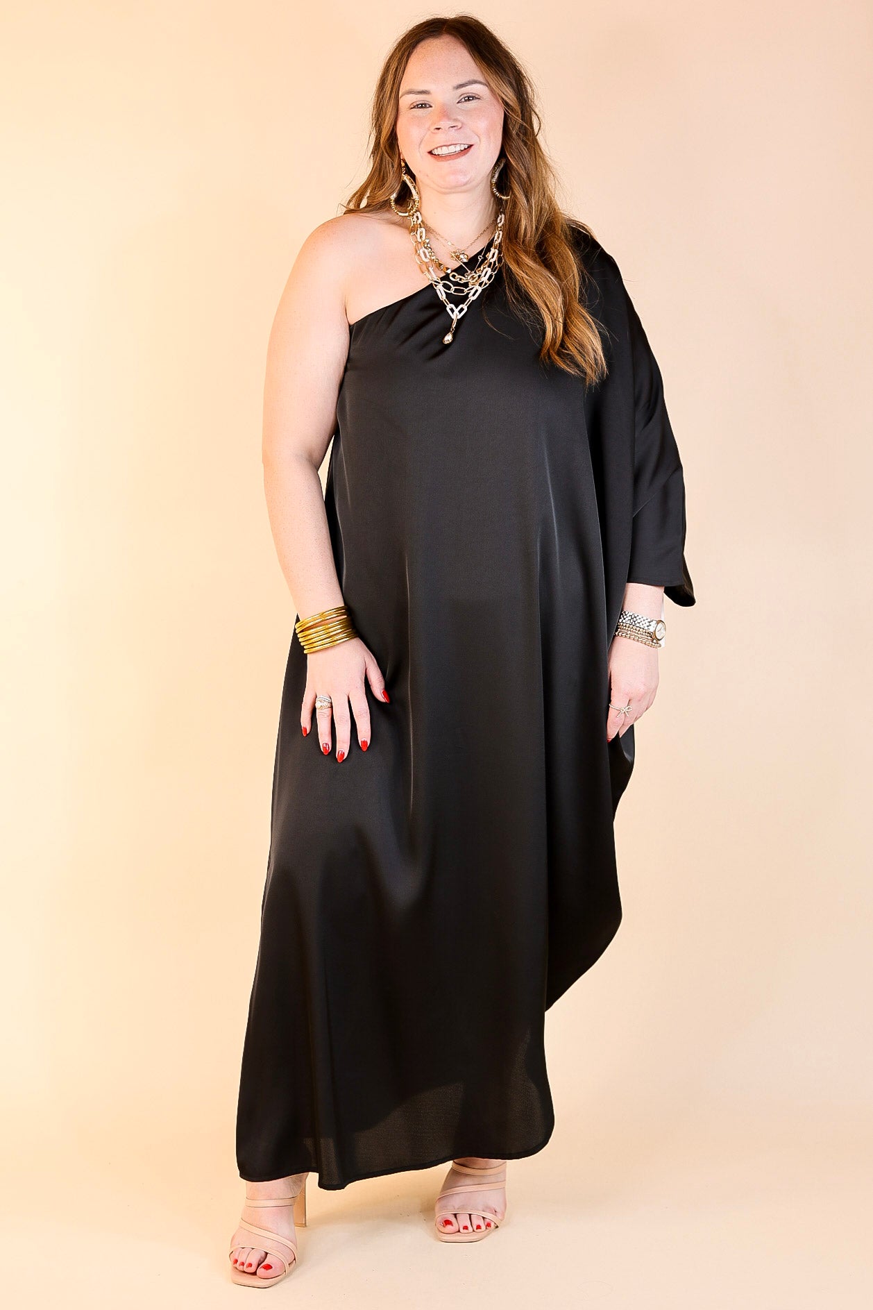 Sweet Romance One Shoulder Satin Drape Midi Dress in Black