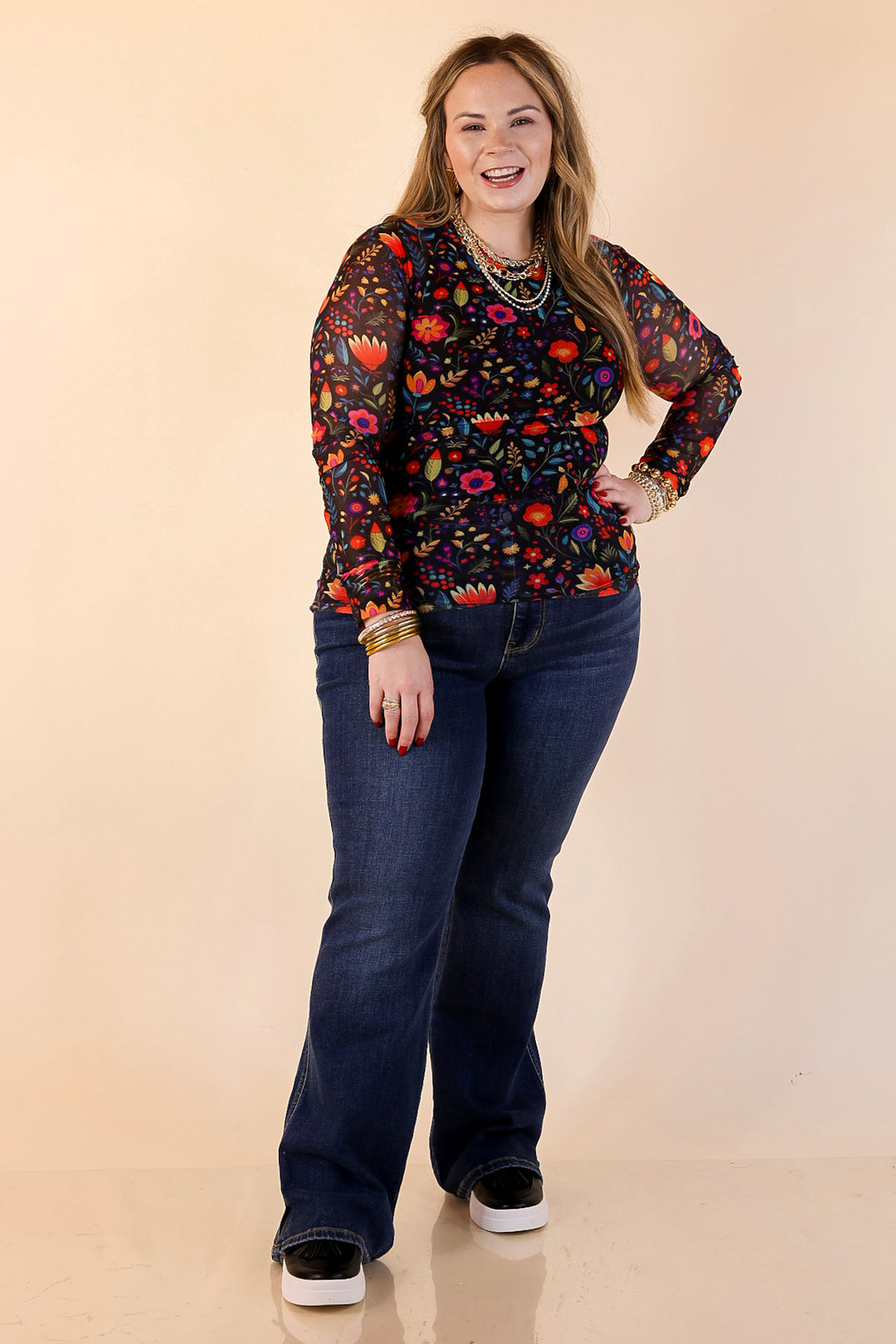 The Perfect Layer Colorful Floral Fiesta Print Mesh Long Sleeve Top in Black