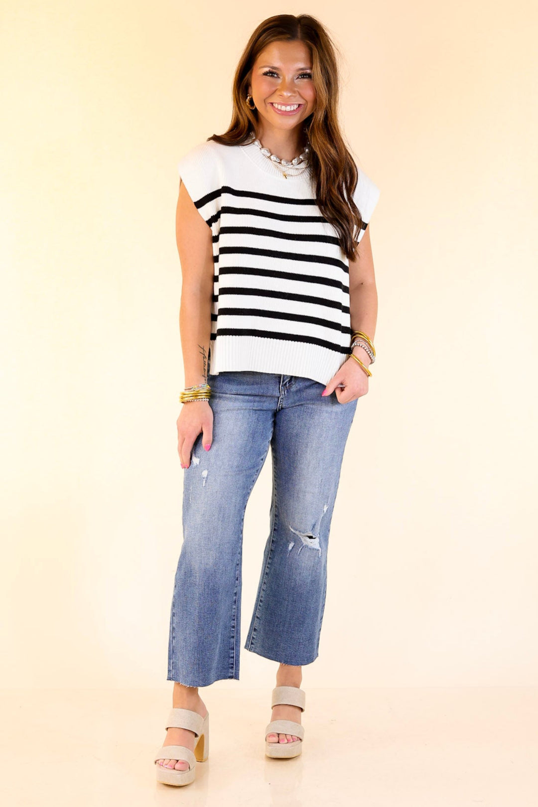 Stripe Things Up Drop Shoulder Knit Sweater in White with Black Stripes