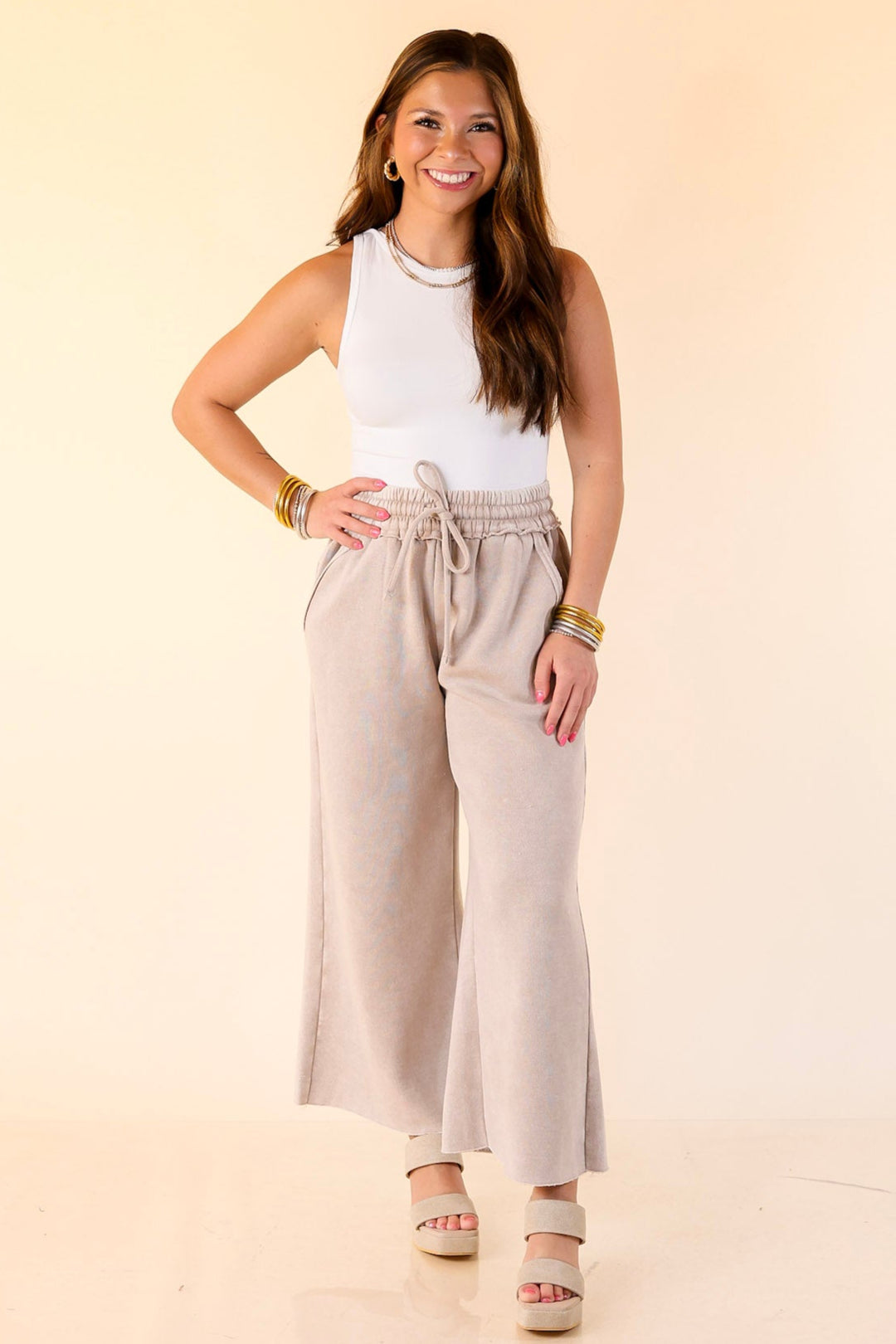 Cozy Girl Cropped Acid Washed Drawstring Pant in Mocha Cream