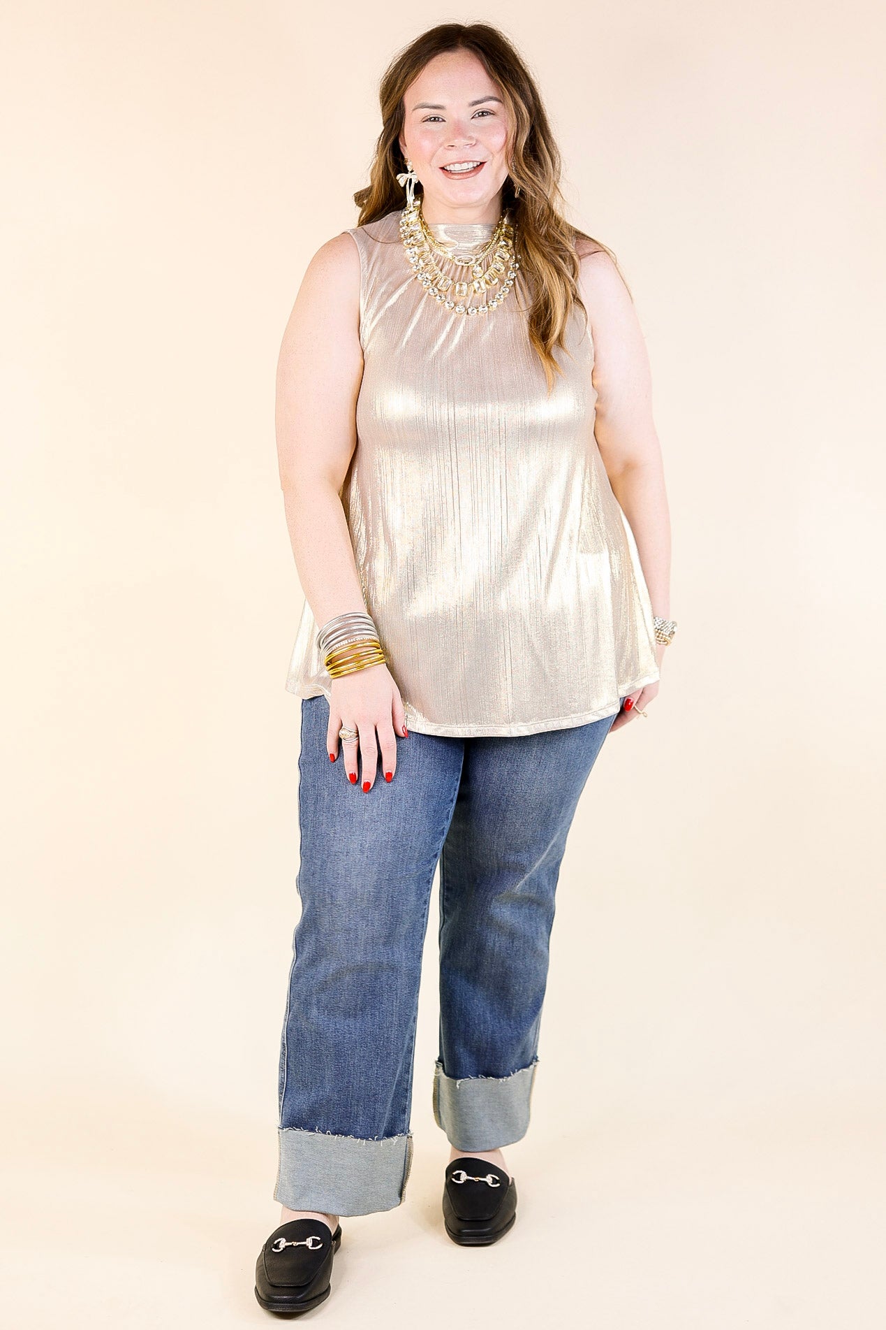 Extra Magic Mock Neck Metallic Tank Top with Tie Back in Gold