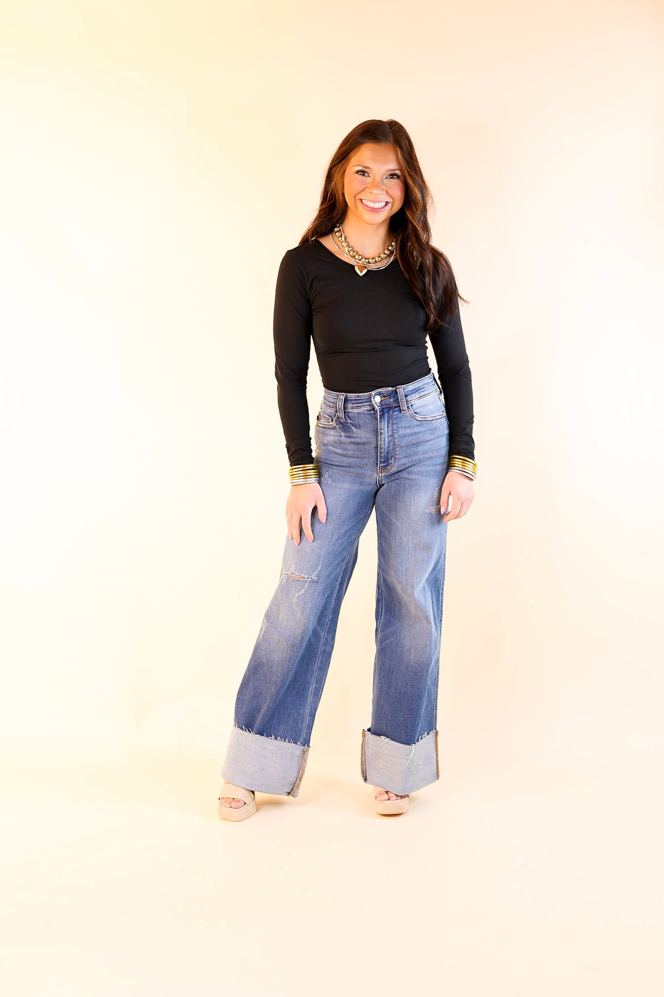 Judy Blue | Ready for Anything High Waisted Retro Wide Leg Jean with Cuff in Medium Wash