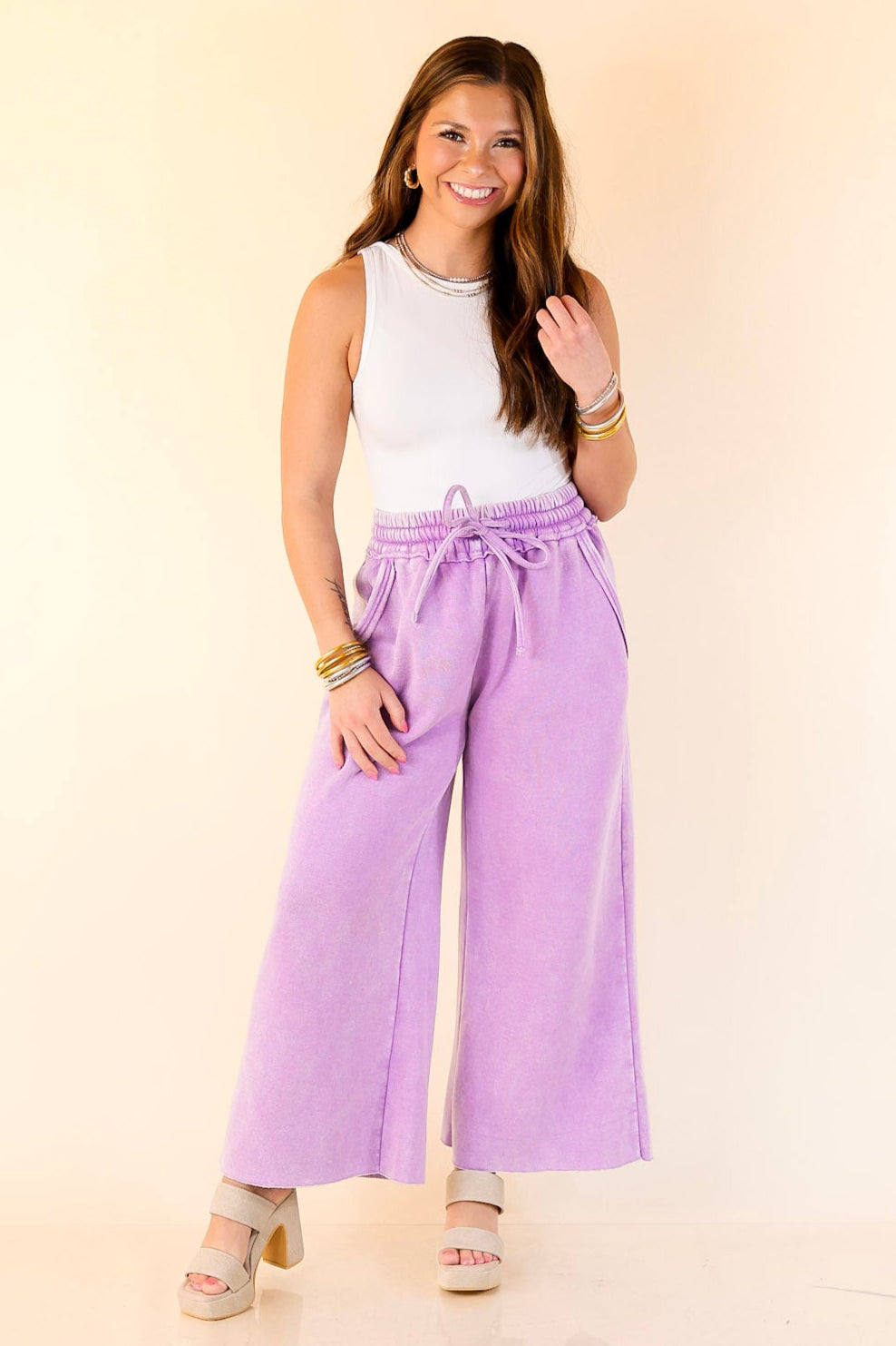 Cozy Girl Cropped Acid Washed Drawstring Pant in Lavender Purple
