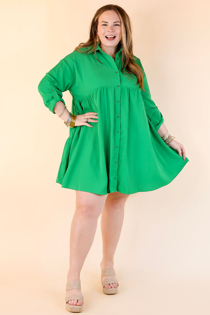 Risky Business Button Up Babydoll Dress in Green