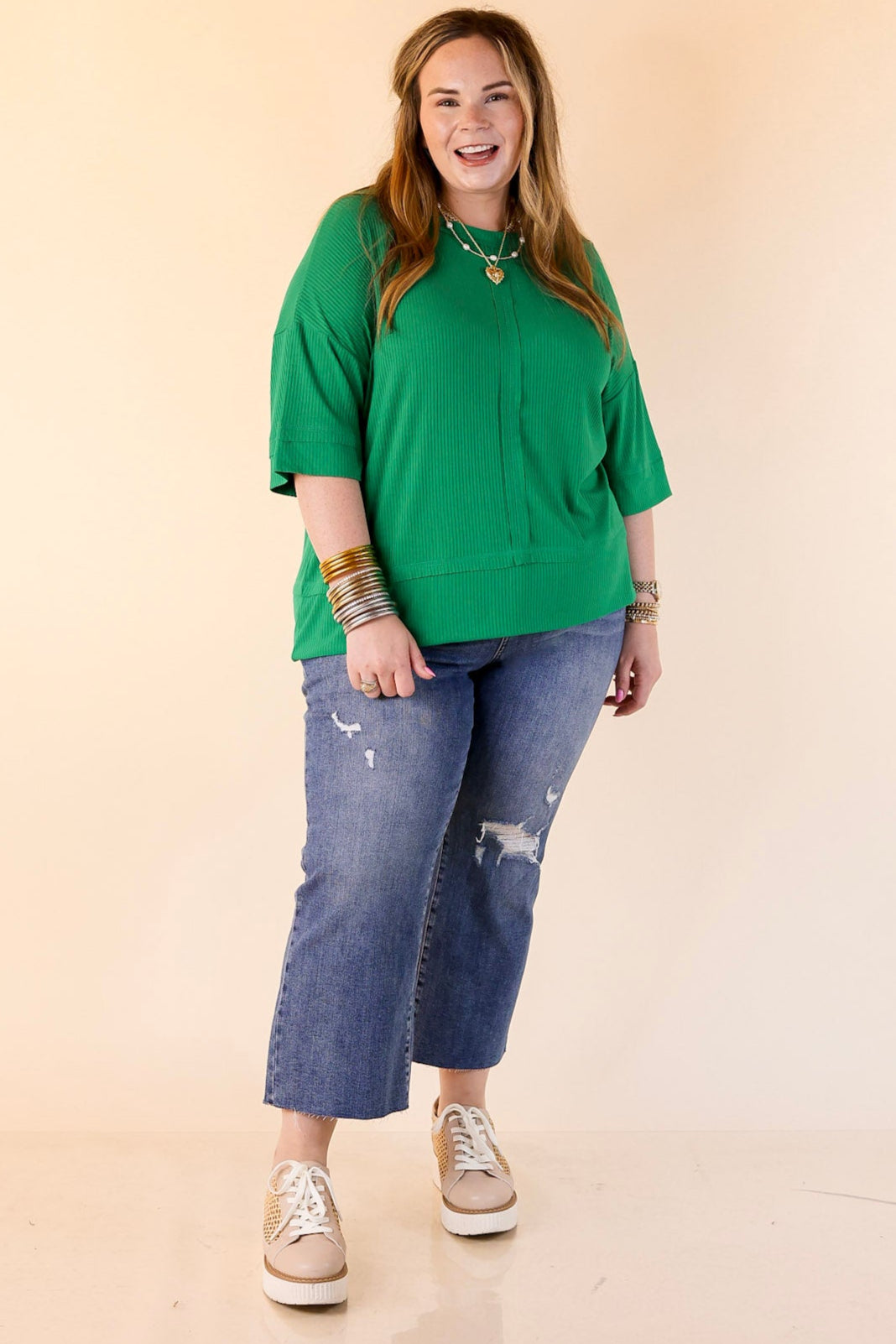 Subtle Spark Crew Neck Short Sleeve Shirt with Seam Detailing in Green