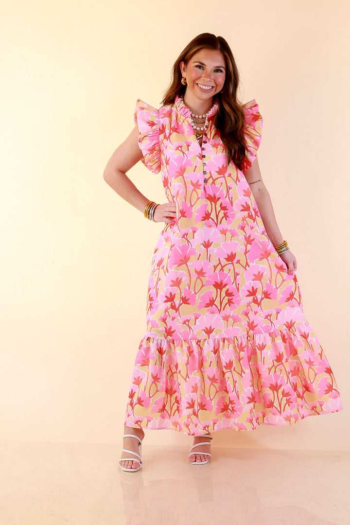 Chasing Sunshine Floral Print Ruffle Sleeve Midi Dress with Button Front and Tiered Hem in Pink, Yellow and Coral Orange