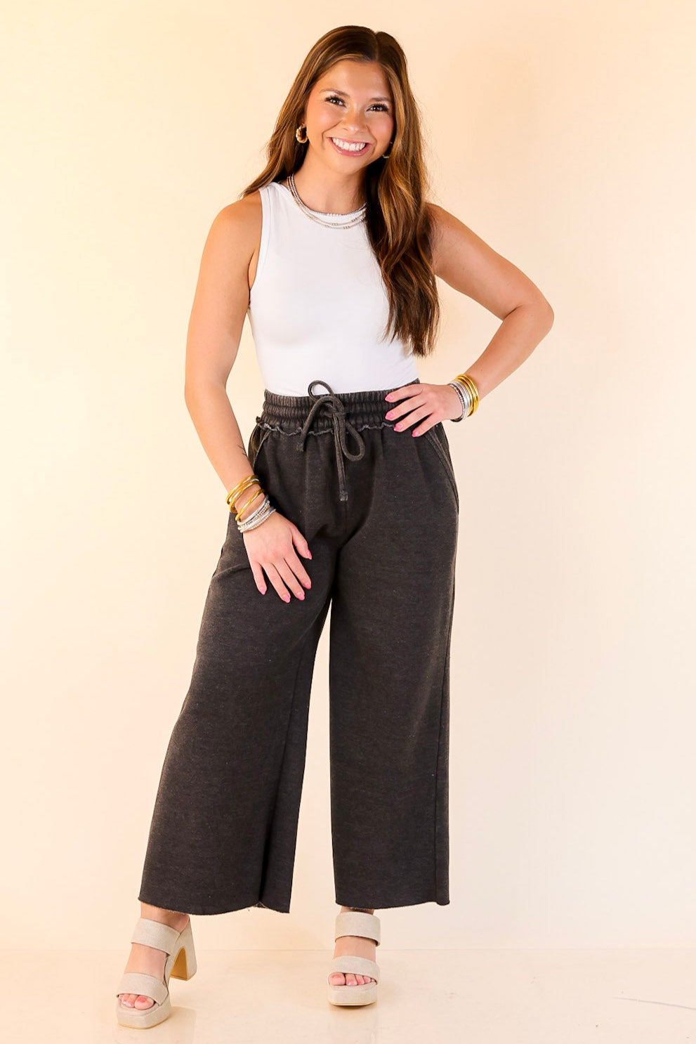 Cozy Girl Cropped Acid Washed Drawstring Pant in Black