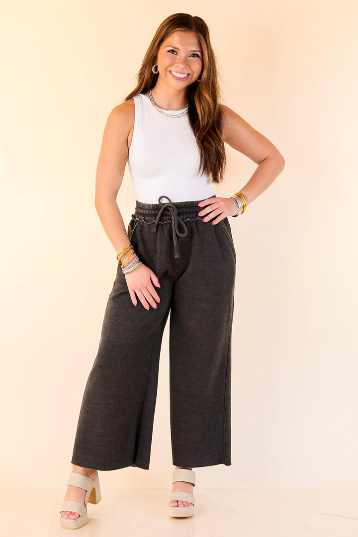 Cozy Girl Cropped Acid Washed Drawstring Pant in Black