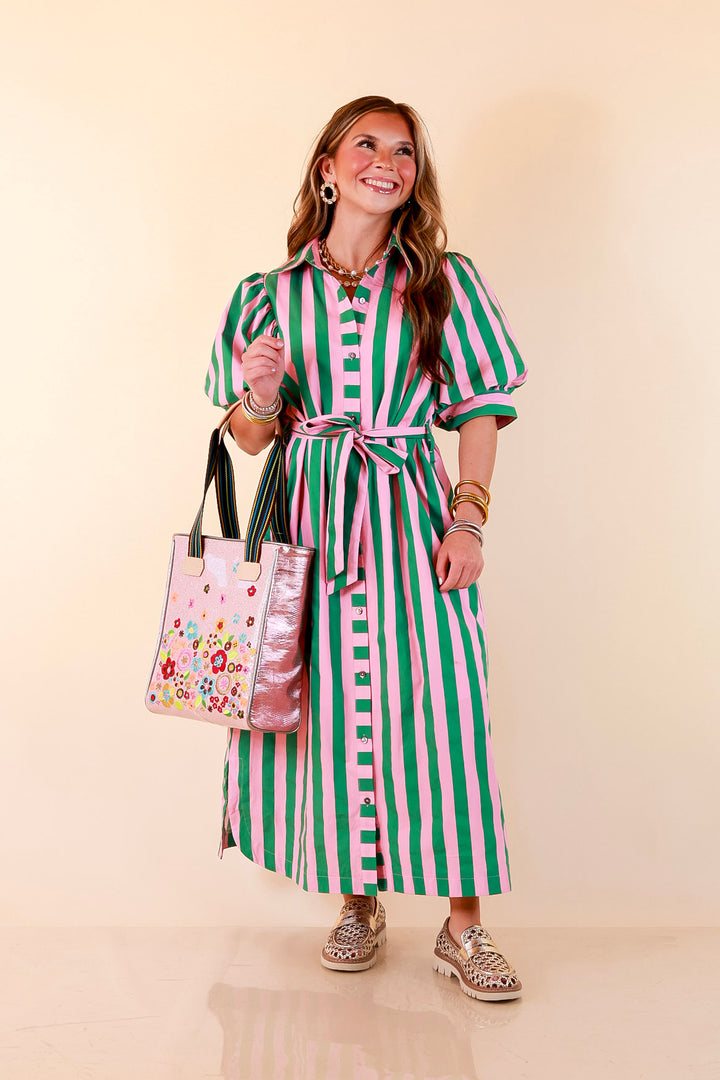 Palm Springs Pretty Puff Sleeve Button Front Belted Midi Dress with Stripe Print in Pink and Kelly Green