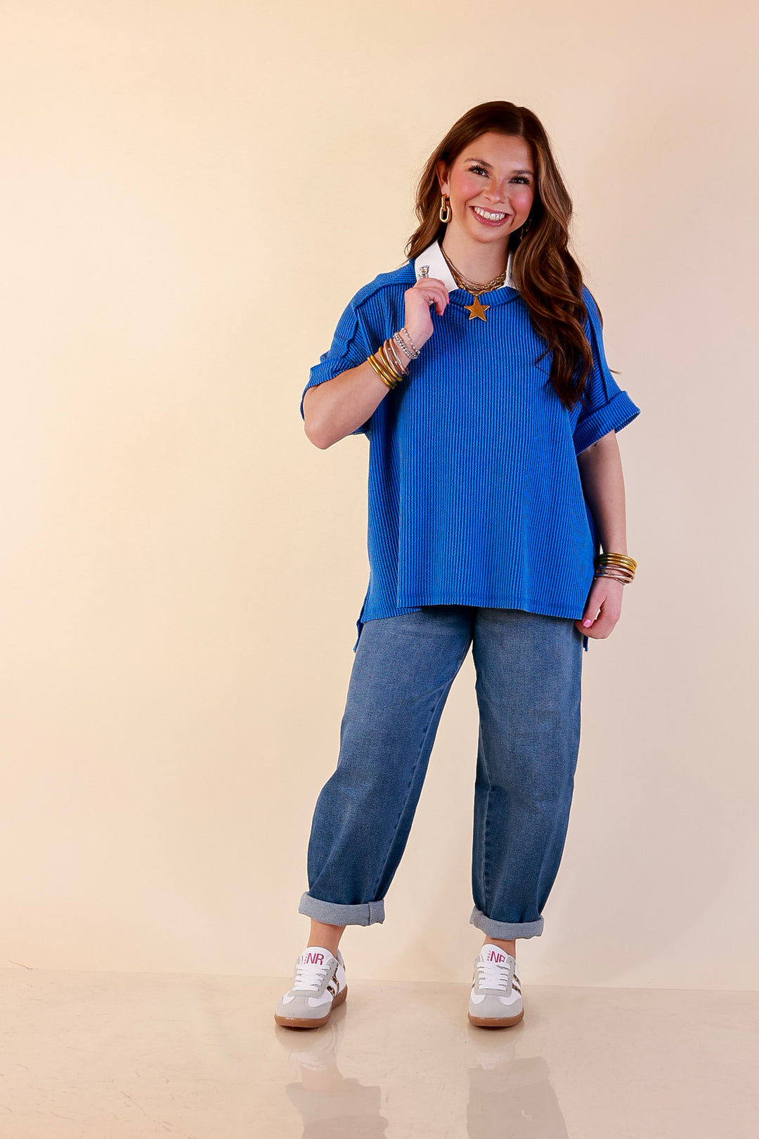 Daily Perfection Scoop Neck Short Sleeve Ribbed Top in Ocean Blue