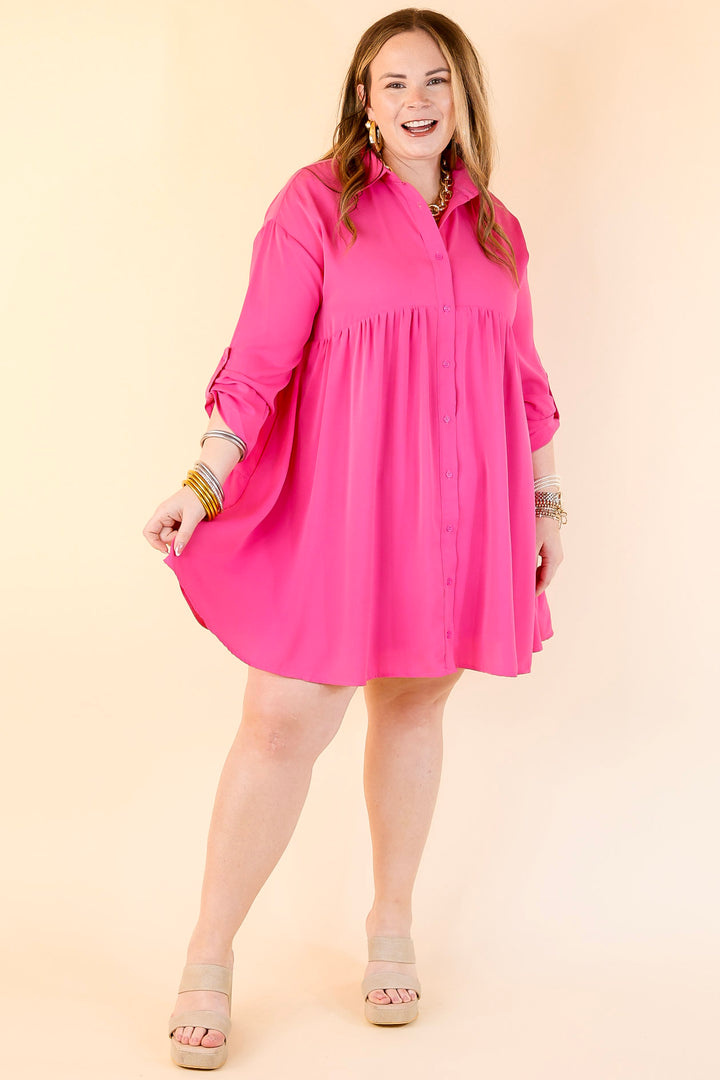 Risky Business Button Up Babydoll Dress in Pink