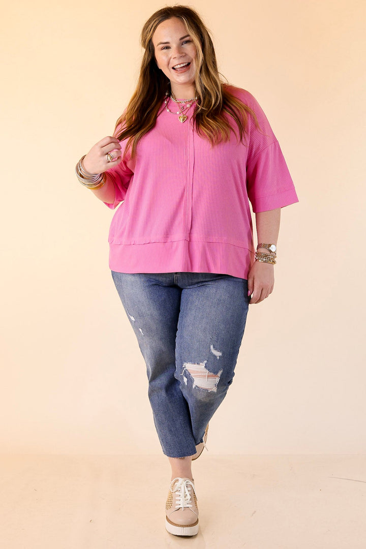 Subtle Spark Crew Neck Short Sleeve Shirt with Seam Detailing in Pink