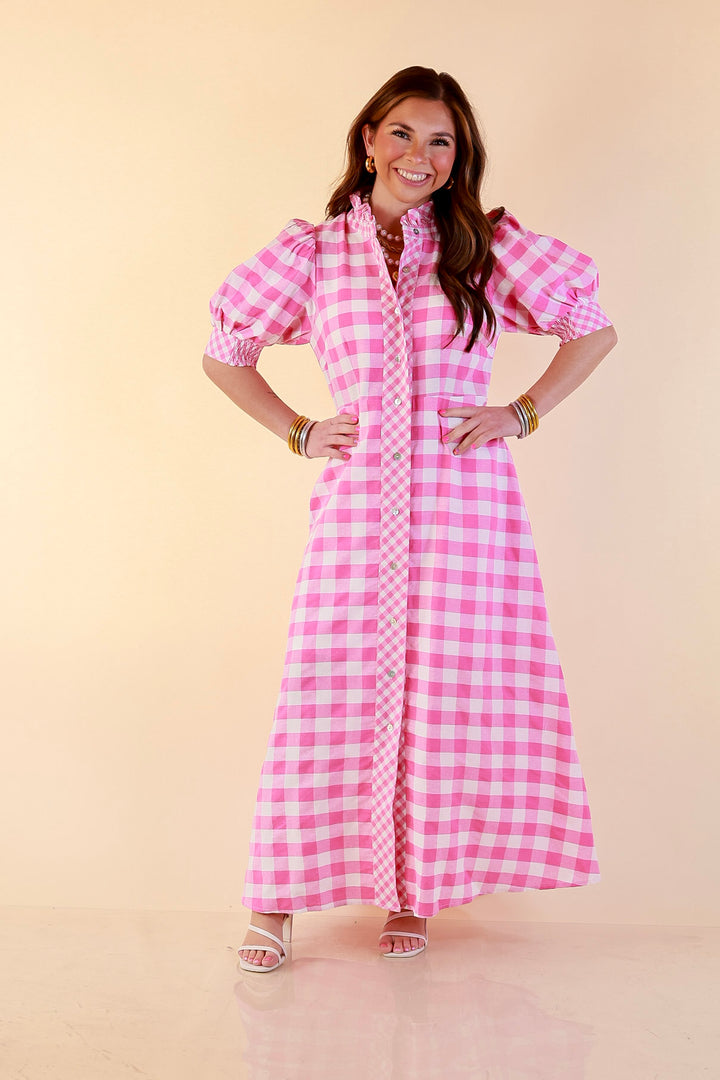 Last Chance Size Medium | Spring Awakening Gingham Print Midi Dress with Puff Sleeves and Checkered Trim in Pink