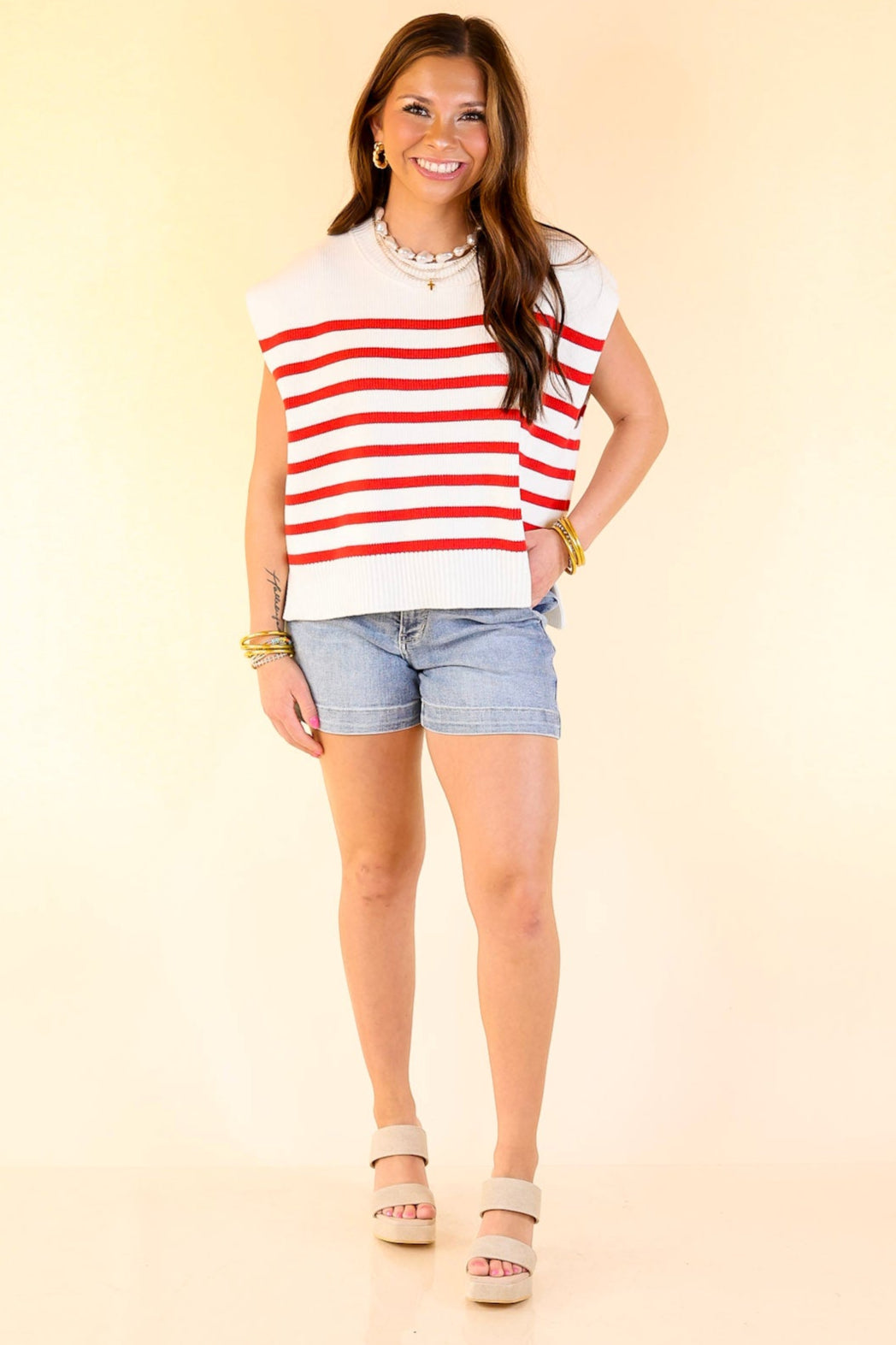Stripe Things Up Drop Shoulder Knit Sweater in White with Red Stripes