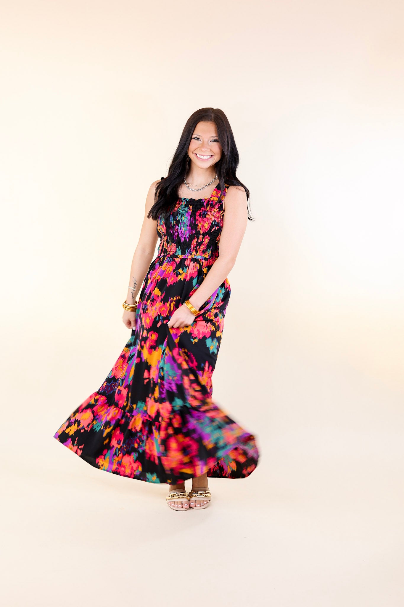 My Night Out Smocked Bodice Dress with Multicolor Abstract Print in Black