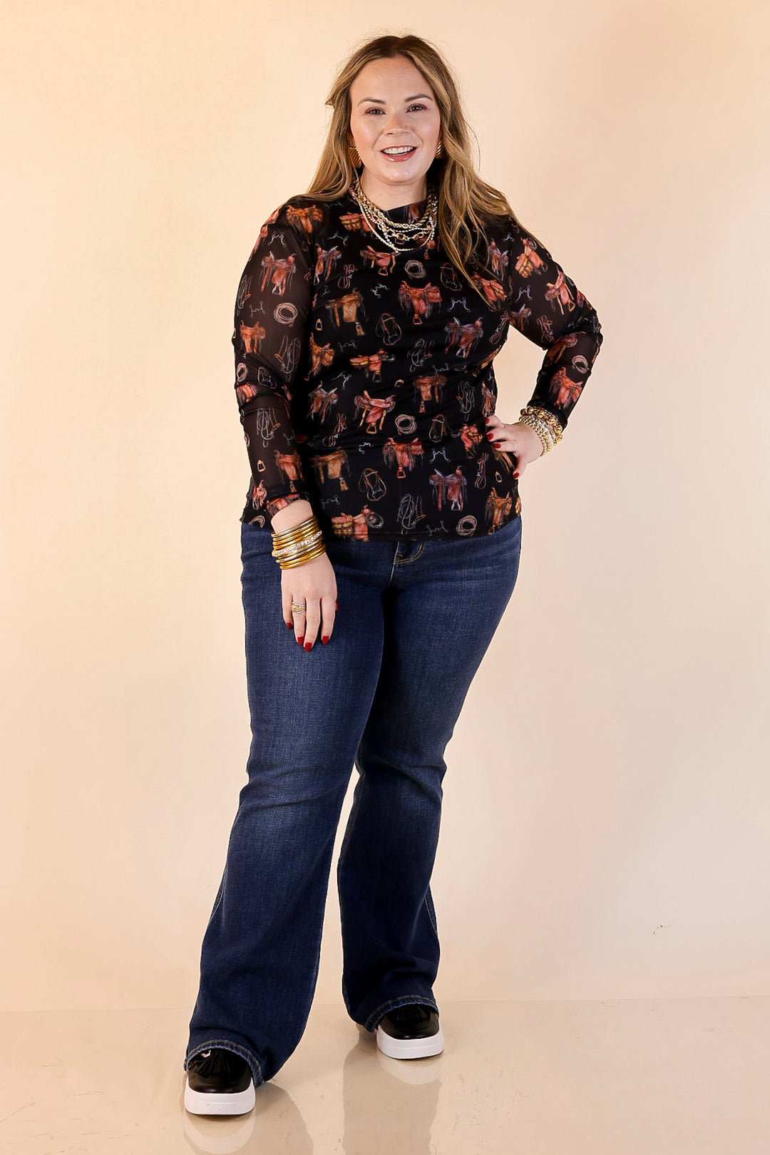 Sheer Confidence Western Saddle and Bits Icons Mesh Long Sleeve Top in Black