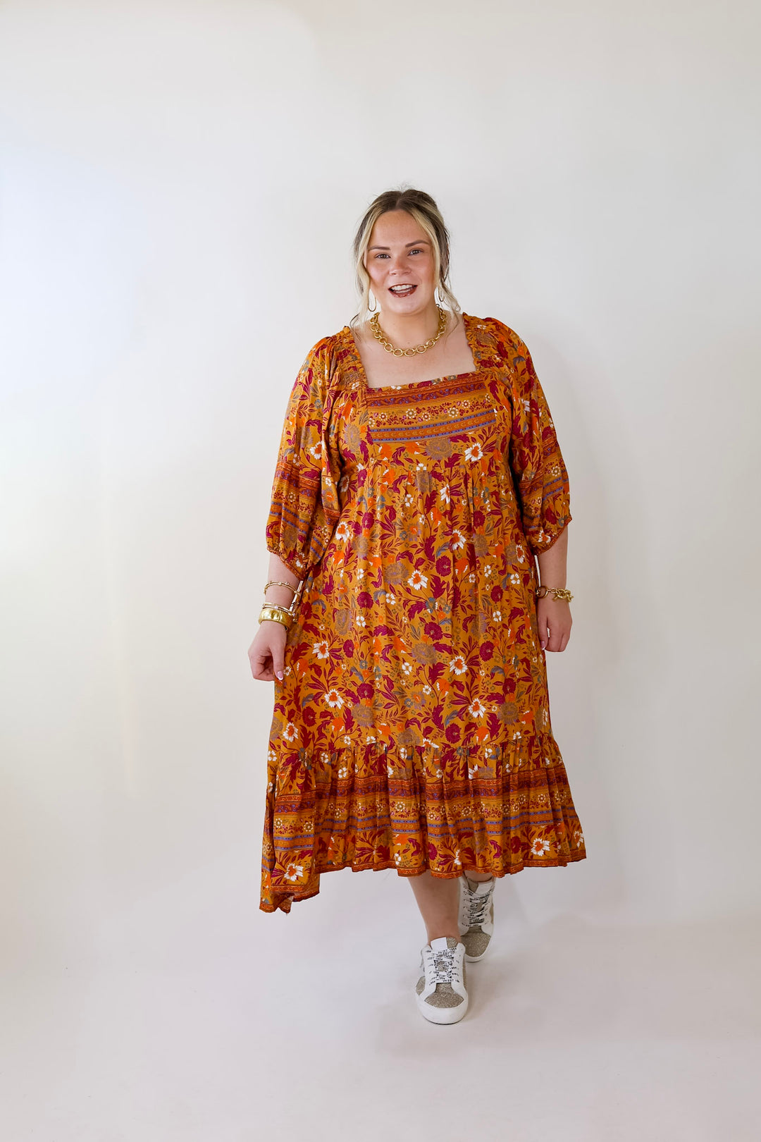 Autumn Daze Floral Print Square Neck Midi Dress in Mustard Yellow - Giddy Up Glamour Boutique