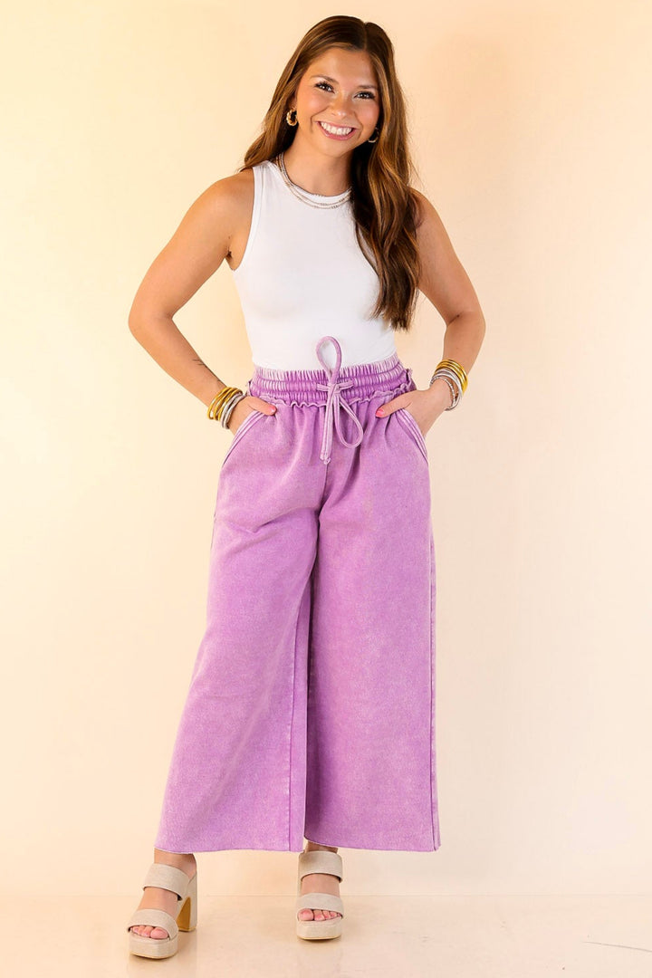Cozy Girl Cropped Acid Washed Drawstring Pant in Violet Magenta