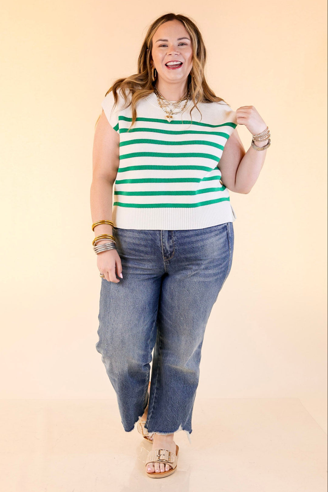 Stripe Things Up Drop Shoulder Knit Sweater in White with Kelly Green Stripes