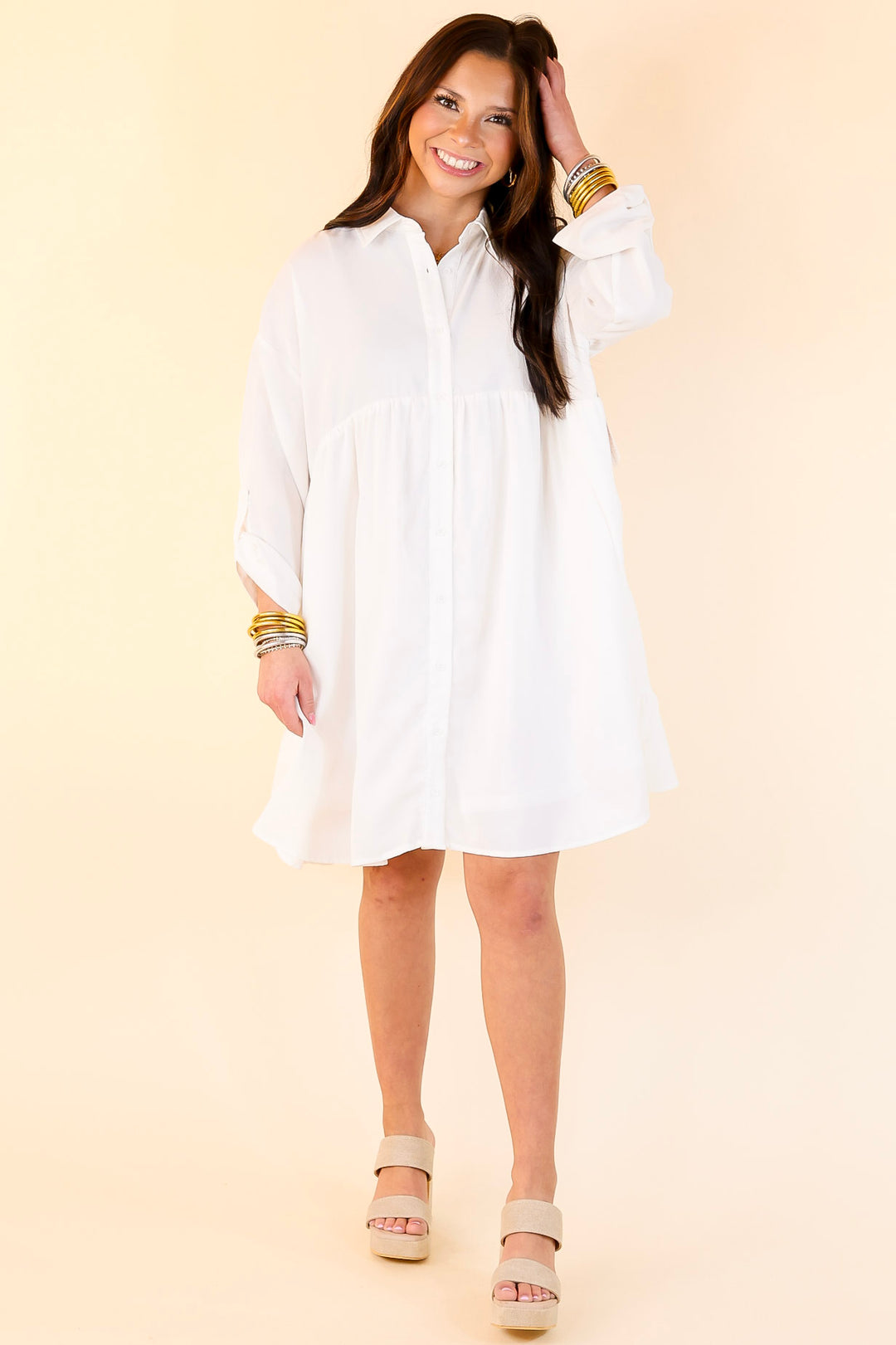 Risky Business Button Up Babydoll Dress in White