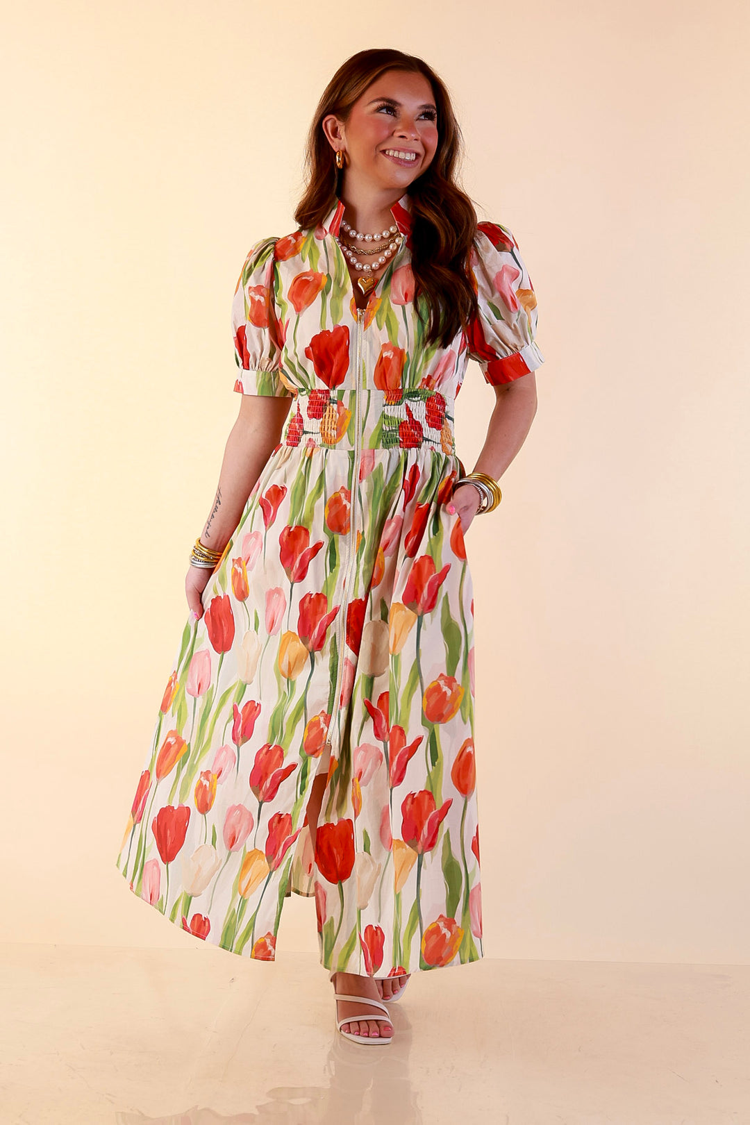 Modern Charm Zip Front Midi Tulip Print Dress with Smocked Waist and Short Sleeves in Cream